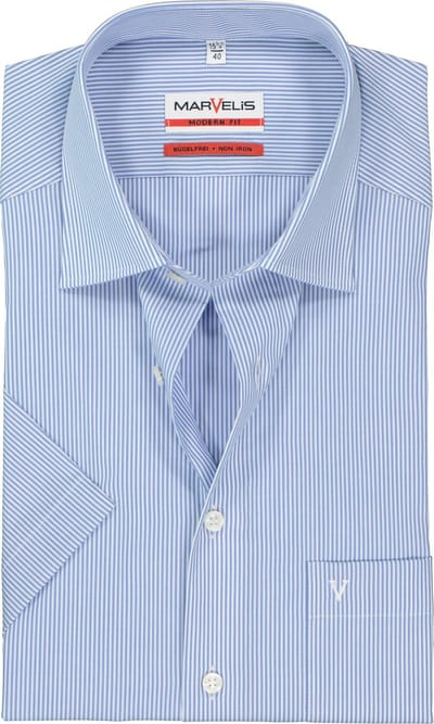 MARVELIS modern fit overhemd - korte mouw - blauw-wit gestreept - Strijkvrij - Boordmaat: 40 (EU maat: M)