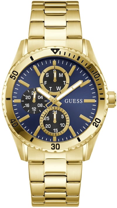 Guess Velocity Quartz Analoog Horloge Goudkleurig Kast Gemaakt Van 100% Roestvrij Staal En Een Band Van 100% Roestvrij Staal 43 GW1061G1, GW1061G2, GW1061G6, GW1061G7