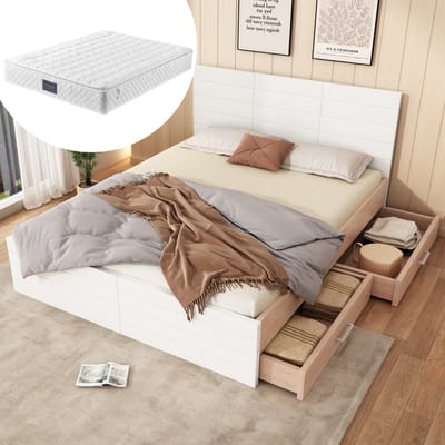 DESMIU Tweepersoonsbed 140x200cm - Bed Met Matras En 2 Lades - Opbergruimte Onder Bed En Verwisselbare Lades - Voor Slaapkamer - Massief Hout En MDF - Wit Eiken Met matras