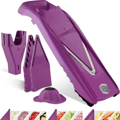 Börner Mandoline V5 Starter | 5-delige set | 6 snijdiktes | Geschikt als Frietsnijder | BPA-vrij en Roestvrij | Paars
