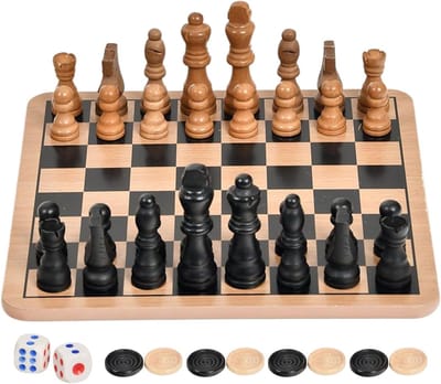 Schaakspel voor op reis, grappig spel, dubbelzijdig houten bord voor familie, buitenspelen, thuis, reizen, plezier