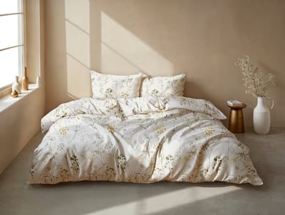 Zohome Leontine Dekbedovertrek - Naturel - Lits-jumeaux - Dekbedhoes van 100% Katoen-Flanel - Bloemen - 260x220 + 2 slopen 60/70 cm - AW25