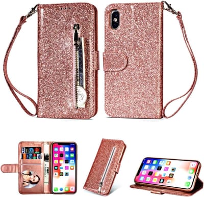 Portemonnee Hoesje - Wallet Case - Rits Sparkly Glitter - Telefoonhoes met Kord Geschikt voor: Apple iPhone XR - Rosegoud