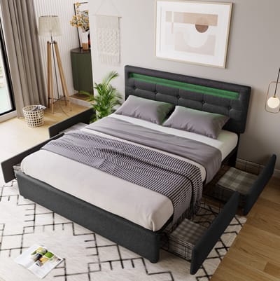 COVREO Bed met LED verlichting en 4 lades – 140x200 cm – Tweepersoonsbed met verstelbaar hoofdbord – slaapkamer en opbergruimte – Grijs - met matras