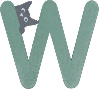 Houten Letter W Groen met Kat | 9 cm