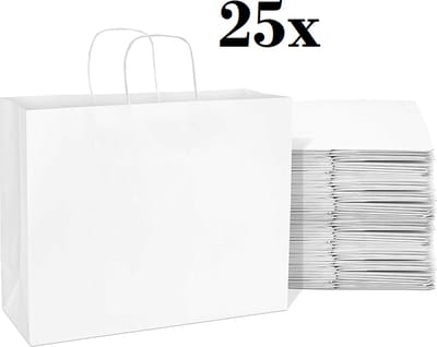25 x papieren draagtassen Van Witte Kraftpapier Met Gevlochten Oren 26x17x25cmcm Kraft Papieren Tasjes Met Handvat/ Cadeautasjes met gedraaid handgrepen / Zakjes/
