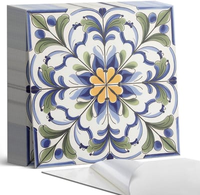Coloray Plaktegels - Bloemenkeramiek patroon Zelfklevende Tegels - 20 cm x 20 cm - Blauw Plaktegels - 20 stuks - Vierkant PVC Tegels - Plaktegels Badkamer - Plaktegels Vloer - Vinyl Tegels Zelfklevend - Wandtegel Zelfklevend