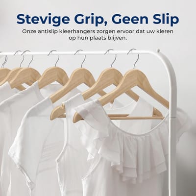 Famanu - Set van 50 houten kleerhangers met rokinkepingen en broekbrug, draaibare haak – Natuur