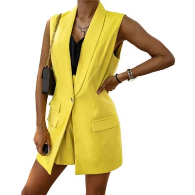 Dames Gilet Mouwloos Enkele Knoop Western Stijl Slim Fit Cardigan Pak Jas Effen Kleur Diepe V-Hals Formele Zakelijke Stijl Dame XL geel