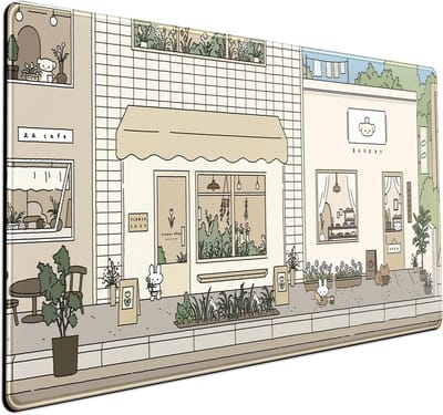 bureaumat Kawaii muismat konijn en beer schattige anime Japanse straat pastel beige bruin en groen muismat, extra grote bureaumat gesneden laptop muismatten decor