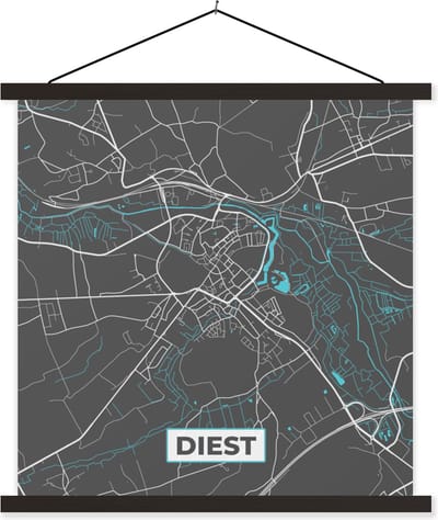 Posterhanger incl. Poster 60x60 cm - Schoolplaat - Stadskaart – Grijs - Kaart – Diest – België – Plattegrond - Textielposter - Zwarte latten - Stadskaart