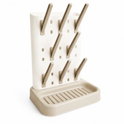Jikkies Flessendroogrek Baby – 9 Haken met Afdruipbak & Borstelhouder – BPA-vrij & Vaatwasserbestendig - Beige Mosterd