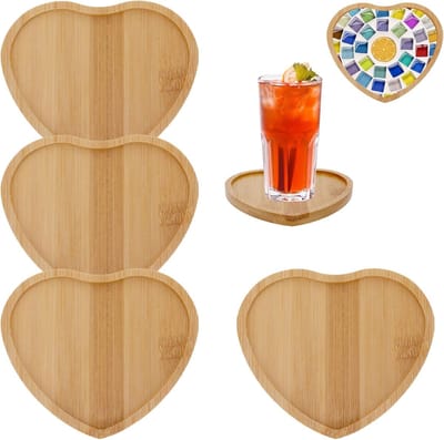 QTTVBTNA - 4 Stuks houten onderzetters - Bamboe Onderzetters - Hartvorm - Onderleggers Voor Glazen Bekers en Plantenpotten - Geschikt Voor Tafel Decoratie DIY Knutselen en Keuken Gebruik - Natuurlijke Bamboe Accessoires