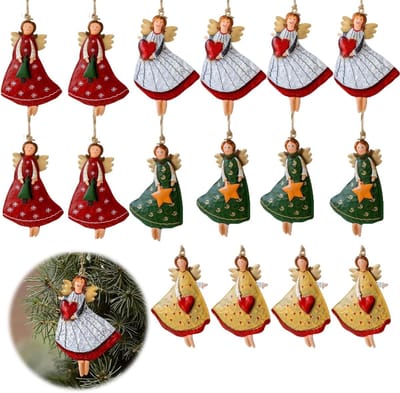 Set van 16 Houten Kerstengel Hangers, 8 x 5 cm, Versiering voor Kerstboom, Feestdecoratie en Raamdecoratie