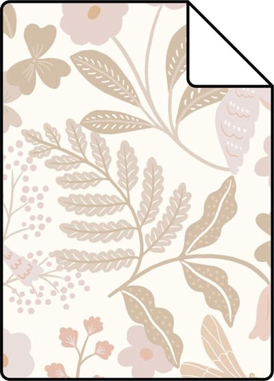 Proefstaal ESTAhome behang bloemen en vogels wit, beige en zacht roze - 26.5 x 21 cm - 139866-S