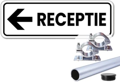 Bord receptie pijl links - Weerbestendig Aluminium - 40x15 cm - Bevestiging: Met paal 120 cm + paalbeugels + paaldop