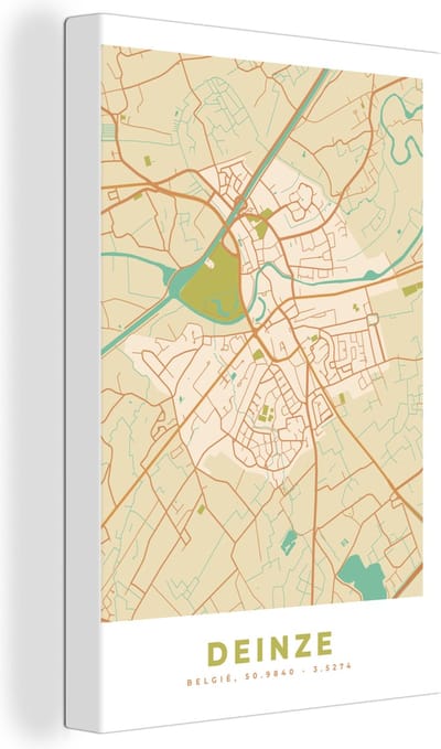 Canvas Schilderij Kaart - Deinze - Plattegrond - Vintage - Stadskaart - 20x30 cm - Wanddecoratie