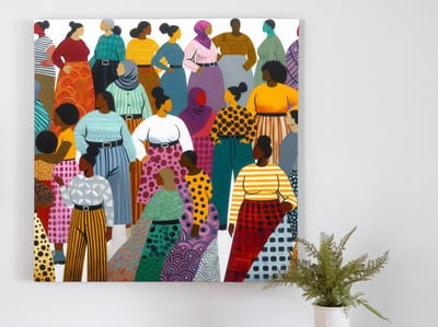 Acryl dikke dames schilderij | Vrolijke en kleurrijke dansende dames in acryl verbeeld | Kunst - 80x80 centimeter op Forex | Foto op Forex