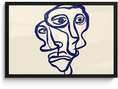 Poster in lijst - Fotolijst 60x40 cm - Posters - Lijntekening - Overlappende gezichten - Donkerblauw - Posterlijst zwart - Decoratie - Wanddecoratie woonkamer - Muurdecoratie slaapkamer