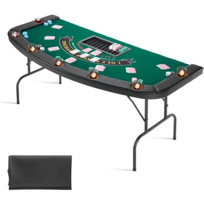VEVOR Opvouwbare Pokertafel voor 7 spelers (183 cm) Casino Leisure Tafel met gewatteerde rails en bekerhouders, Semi-ovale draagbare speeltafels met vilt en metalen poten, Texas Hold'em Poker