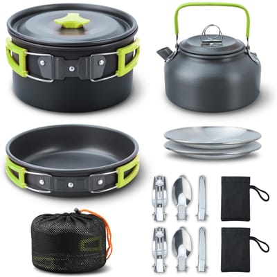 Ensemble de cuisine de camping Ensemble de batterie de cuisine de camping 16 pièces Ensemble de casseroles de camping Ensemble de cuisine de camping gigogne Mini ustensiles de cuisine de camping et de randonnée Ensemble de casseroles de camping vert