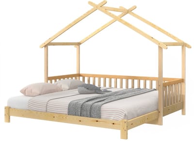MIVRAY Uitschuifbaar Huisbed 90x200 180x200cm - Veranderbaar Van Eenpersoons Naar Tweepersoons - Met Zijhekken - Massief Hout - Naturel - Zonder matras
