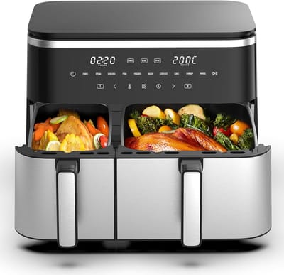 Heteluchtfriteuse Dubbel - XXL Airfryer - Gelijk Garen - Twee Manden - 11 Liter - Zwart