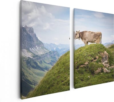 Artaza Canvas Schilderij Tweeluik Koe In De Bergen - 80x60 - Foto Op Canvas - Canvas Print