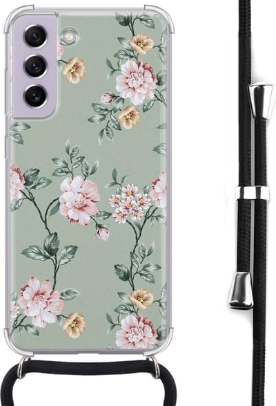 Hoesje met koord - Geschikt voor Samsung Galaxy S21 FE - Bloemetjes - Verstelbaar zwart koord - Crossbody - Bloemen - Transparant, Groen - Leuke Telefoonhoesjes
