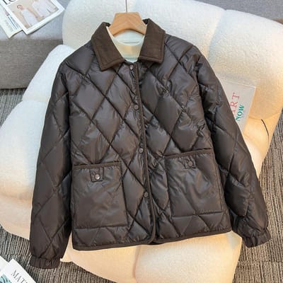 Manteau Court d'Automne et d'Hiver Parfumé Losange Revers Coton Nouveau Style Jetable Cuir Ample Couleur Contrastée Polyvalent XL