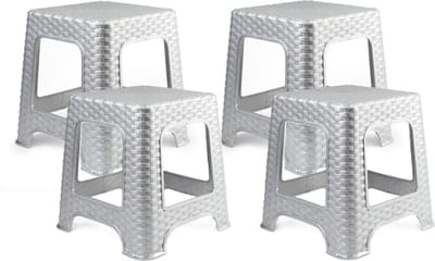 Plasticforte zit krukje - 4x - Rotan line - zilvergrijs - kunststof - 32 x 32 x 30 cm - kinder krukjes