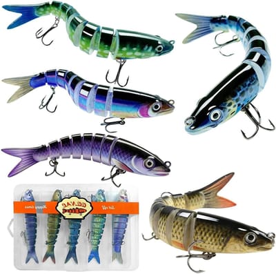 Set van 5 stuks vishengels met vleesaas in stevige doos voor snoek, baars en forel, geschikt voor zoet- en zoutwater, 13.5 cm, 19 g