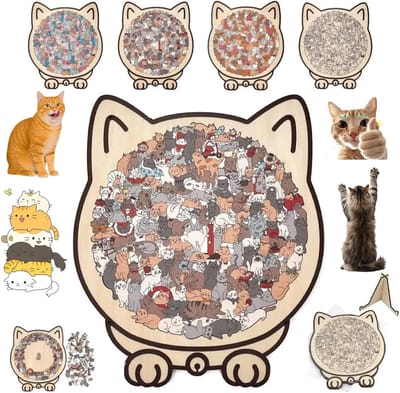 Houten Kat Puzzel - 135 Stukjes Legpuzzel - Ontspannend Tijdverdrijf - Unieke Kat Vorm - 23.7 x 23.7 cm - Kleurrijk