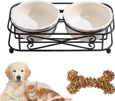 Dubbele Voederbak - Huisdier Voerbak - Comfortabel Eten - Verhoogde Standaard - 30x15x88 cm - Wit