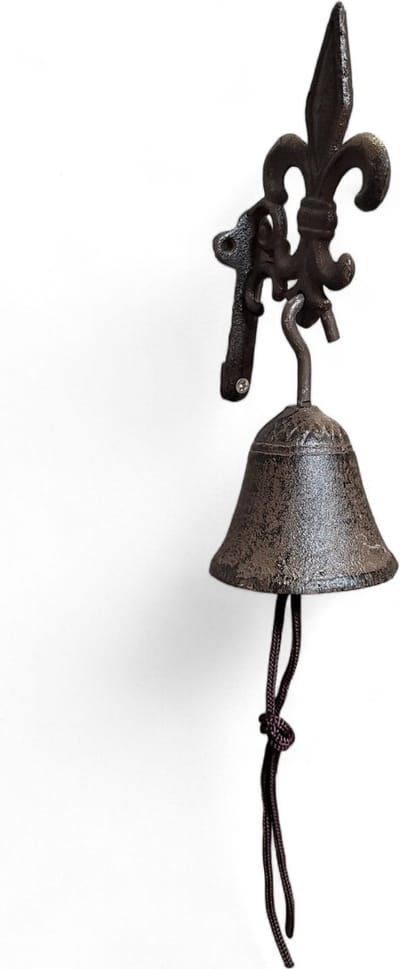 Landelijke Gietijzer Deurbel Gong met Franse Lelie (klein 20 cm en kort touw)