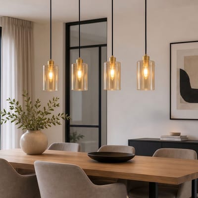 LumenXL Industriële mat zwarte - zand gouden hanglamp - amberkleurig glas 4-lichts - Tuscon