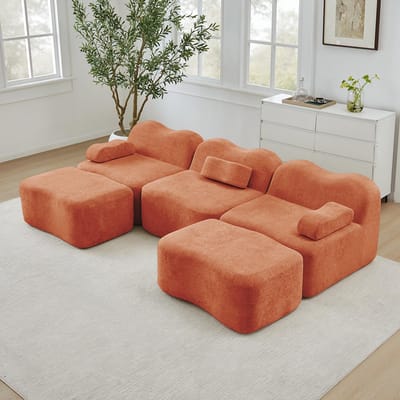 BLACKCOLORS Modulaire 3-zits U-vormige bank met 2 chaise longues, 32D-schuim met hoge dichtheid, golvende vorm, diepe zitting, afneembaar armleuningkussen, voor de woonkamer, Oranje