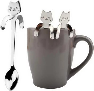 1x Theelepel Hangende Kat - Katten Koffielepel - RVS - Zilver