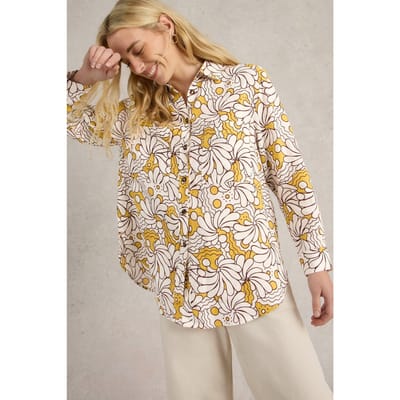 White Stuff Lydia Linen Shirt Yellow Print Maat: 12 | Longsleeves Outlet | Dames | Geel