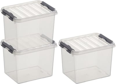 3x sunware q-line opberg box/opbergdoos - 3 liter - 20 x 15 x 14 cm - kunststof - opslagbox - transparant/zilver