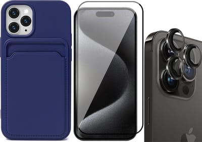 Hoesje Pasjeshouder geschikt voor iPhone 15 Pro - Screenprotector FullGuard + Camera Lens Screen Protector Zwart - Siliconen Case Back Cover Blauw