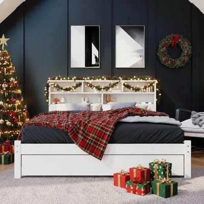 KOMHTOM Kinderbed met laden en Junior boekenkast Massief houten Tweepersoonsbed 140x200cm wit