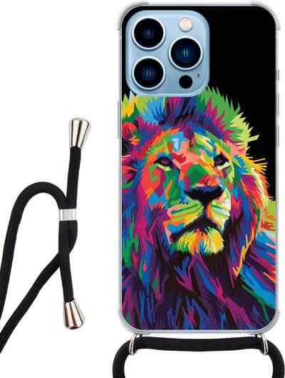 Hoesje met koord - Geschikt voor iPhone 13 Pro - Leeuw pop art - Verstelbaar zwart koord - Zwart, Transparant, Multi - Print / Illustratie - Leuke Telefoonhoesjes