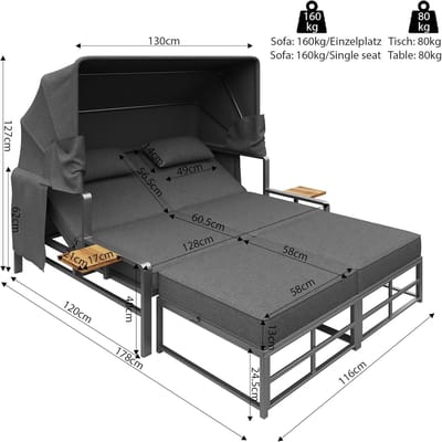 Zonneligstoel 2 Personen met Dak en Ligfunctie – ABTkantoor Deluxe Lounge Ligbed – Verstelbare Tuinbank & Ligbed Outdoor – Weerbestendige Loungeset voor Tuin, Balkon en Terras – Donkergrijs