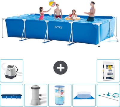 Intex Rechthoekig Frame Zwembad - 450 x 220 x 84 cm - Blauw - Inclusief Afdekzeil - Zwembadfilterpomp - Filter - Grondzeil - Schoonmaakset - Zoutwatersysteem - Zwembadzout - 8-delig