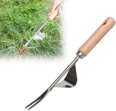 Handmatige onkruidsteker van roestvrij staal met houten handvat voor tuinonderhoud
