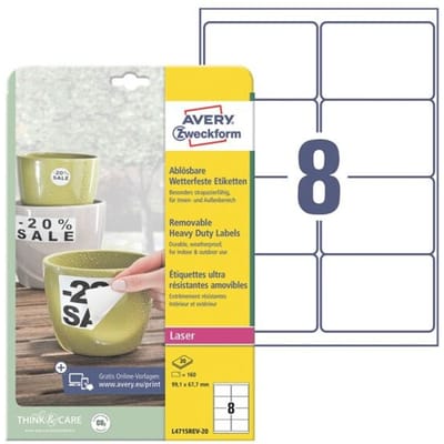 Avery-Zweckform Wetterfeste Folien-Etiketten, Laser L4715REV-20 ( 99.1 x 67.7 mm ),Wit, 160 stuk(s), Weer verwijderbaar