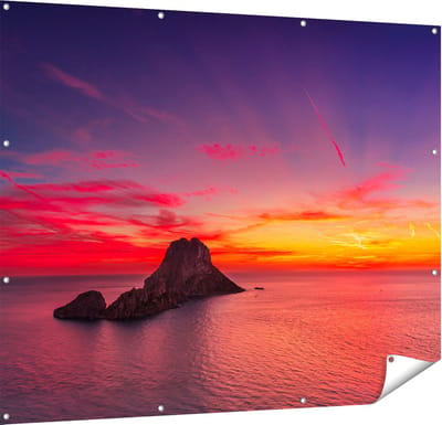 Gards Tuinposter Ibiza Rotsen Eiland bij Zonsondergang - 150x120 cm - Tuindoek - Tuindecoratie - Wanddecoratie buiten - Tuinschilderij