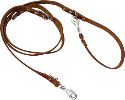 K9World by van der Veeke, Verstelbare Leren Hondenriem – Cognac bruin leder –Multifunctioneel – 3-Punts Verstelbaar – 2 Verchroomde Musketons – Handgemaakt