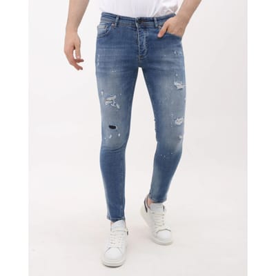 Jeans Heren - Spijkerbroek Heren Volwassenen - Heren Jeans Slim Fit - Ripped en Stretch Jeans met Verfspatten - MM-S-106 - Blauw